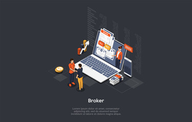 Broker Profession, Trading Skills, Business Stocks And Bonds Concept Design. Vector Illustration In Cartoon 3D Style On Dark Background. People Standing Near Laptop With Info And Worker On Screen