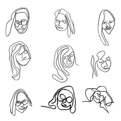 A set of female faces drawn by hand in a single line. Drawing in a naive style. Vector image.
