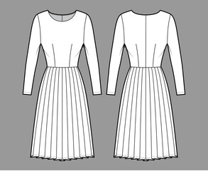 Dress pleated technical fashion illustration with long sleeves, fitted body, knee length skirt. Flat apparel front, back, white color style. Women, men unisex CAD mockup