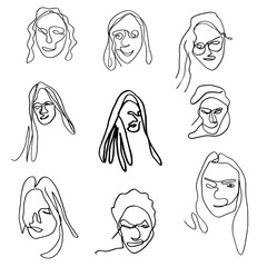 A set of female faces drawn by hand in a single line. Drawing in a naive style. Vector image.