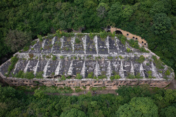 Aerial view on abandoned Military Tarakaniv Fort (Dubno Fort, New Dubno Fortress) - a defensive structure of 19th century in Tarakaniv, Ukraine.