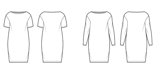 Set of Dresses sack slouchy technical fashion illustration with long short sleeves, oversized body, knee length pencil skirt. Flat apparel front, back, white color style. Women, men unisex CAD mockup