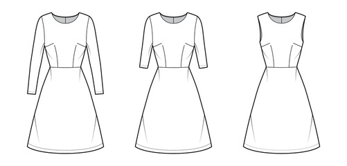 Set of Dresses A-line technical fashion illustration with long elbow short sleeves sleeveless, fitted body, knee length skirt. Flat apparel front, white color style. Women, men unisex CAD mockup