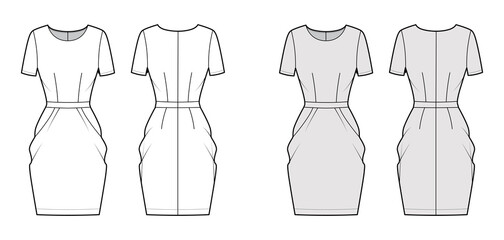 Naklejka premium Dress tulip technical fashion illustration with short sleeves, fitted body, knee length peg-top pencil skirt. Flat apparel front, back, white, grey color style. Women, men unisex CAD mockup