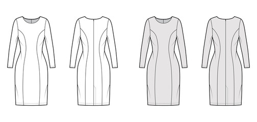 Dress princess line technical fashion illustration with long sleeve, fitted body, knee length pencil skirt. Flat apparel front, back, white, grey color style. Women, men unisex CAD mockup