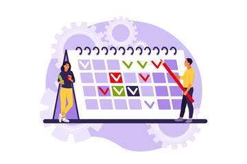 Timing and project scheduling. Concept of time management, work planning method, organization of daily goals and accomplishments. Vector illustration. Isolated flat.