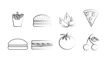 Black and white set of eight icons of delicious food and snacks items for a restaurant bar cafe on a white background: fries, burger, pistachios, pizza, sandwich, tomato, cherry