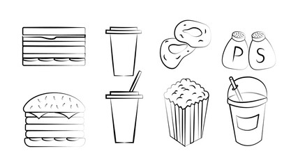 Black and white set of eight icons of delicious food and snacks items for a restaurant bar cafe on a white background: sandwich, coffee, soda, onion rings, salt, pepper, popcorn, lemonade