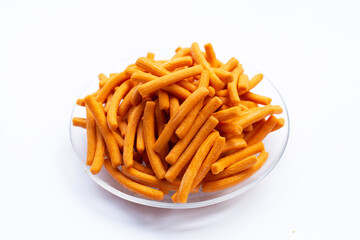 Salt breadsticks on white background.