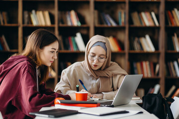 Smart female students working on study project in library