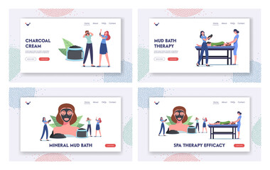 Obraz na płótnie Canvas Spa Therapy Efficacy Landing Page Template Set. Tiny Female Characters around of Huge Woman Head with Mineral Mud Mask