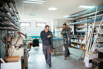 Male workers with aluminum window glass in workshop