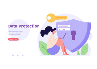 Data protection concept. Woman protecting personal data files with safe password on laptop. Concept of Data security, shield and key, protecting information. Vector illustration in flat design for web
