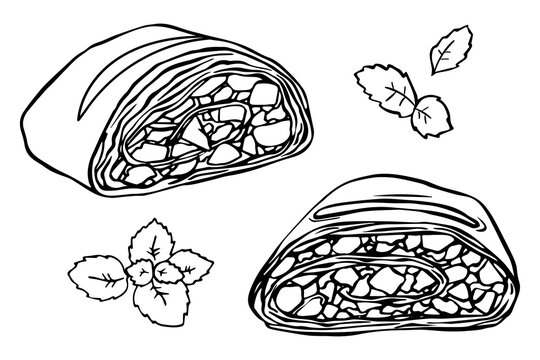 Illustration set leaf mint and slices Viennese apple strudel.
