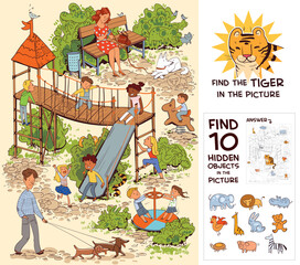Children in the playground. Find 10 hidden objects in the picture