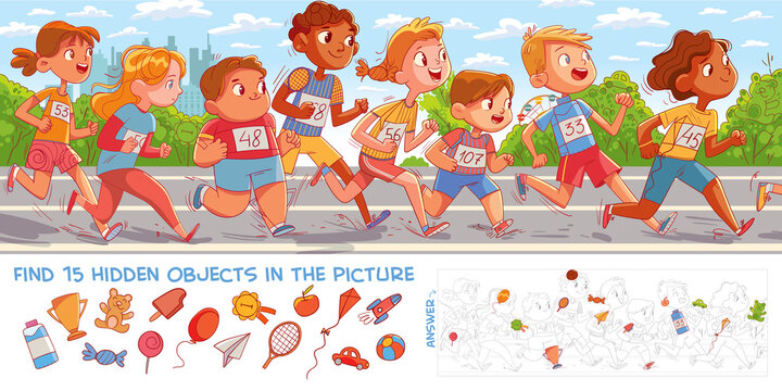 Children run marathon. Find 15 hidden objects. Puzzle Hidden Items