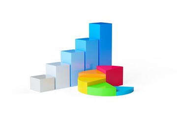Colourful pie chart and bar graph business diagrams over white background, financial growth, statistics or investment graph concept