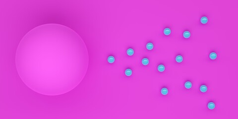 Abstract modern minimal fertilization concept, many cyan blue spheres approaching large pink sphere on pink background