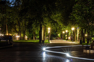 The tiled road in the night green park with lanterns in spring. A benches in the park during the...