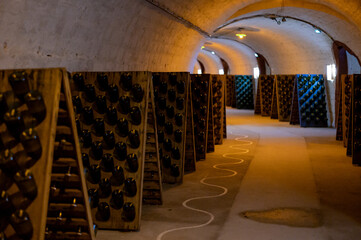 Champagne sparkling wine production in bottles in racks in underground cellar, Reims, Champagne, France