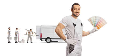 Workers from a house painting company with a color palette and a van