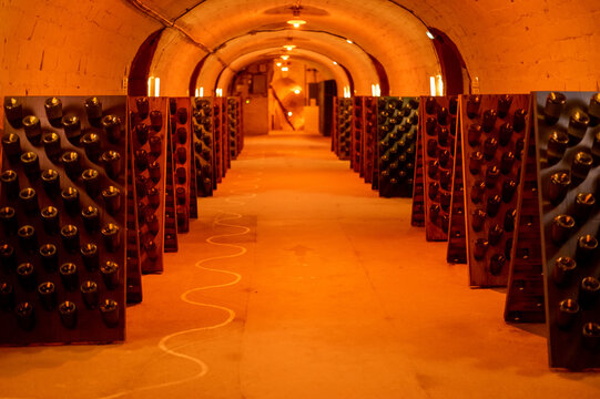 Champagne sparkling wine production in bottles in racks in underground cellar, Reims, Champagne, France