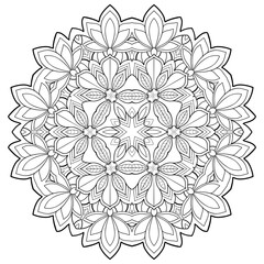 Decorative mandala with lotus,  floral and striped patterns on a white isolated background. For coloring book pages.