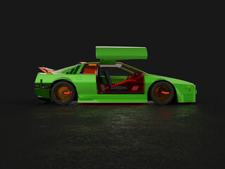 cyberpunk car with door open on dark background with copy space