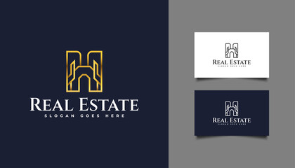 Luxury Gold Real Estate Logo with Line Style. Construction, Architecture or Building Logo Design Template