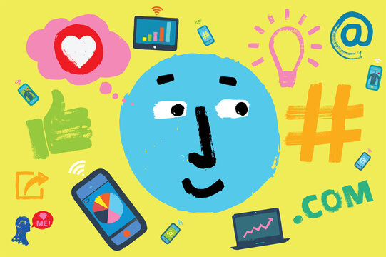 Cartoon Emoji Face surrounded by Social Media Symbols