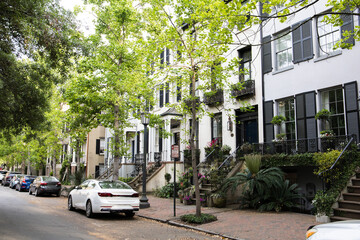 A quiet Savannah, Georgia neighborhood of historic homes at Sunset