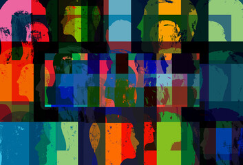 Abstract colorful overlapping head profiles pattern with grunge texture