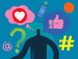 illustration of man surrounded by social media symbols
