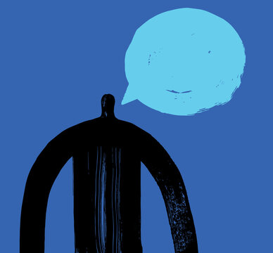 Silhouette of person with speech bubble on blue background