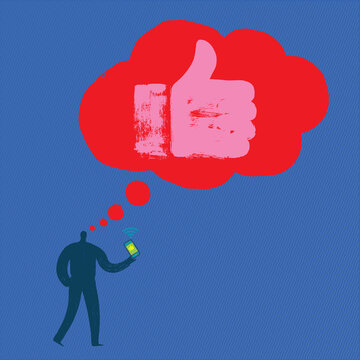 Fun illustration of Person holding Smartphone deciding whether to like