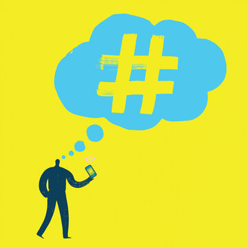 Fun Illustration of person holding smartphone thinking about hashtagging