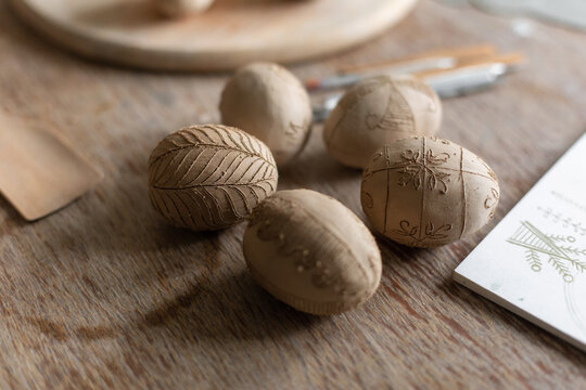 Creative easter eggs on table