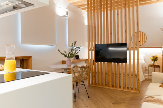 Interior of stylish room with TV
