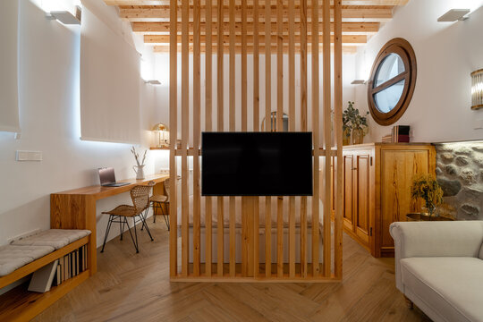 Interior of stylish room with TV