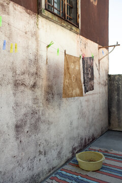 Fabrics hanging on the laudry