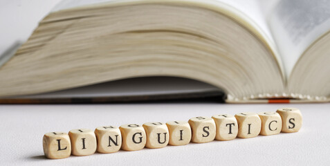 Word linguistics made from wooden cubes next to an open book. The concept of studying linguistics...