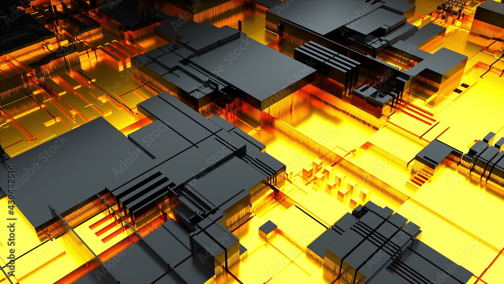 Poster technological 3d render abstract board in macro magnification. modern industry blocks of transistors