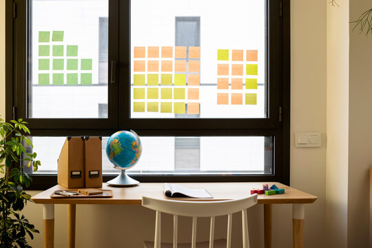 wooden desk by the window