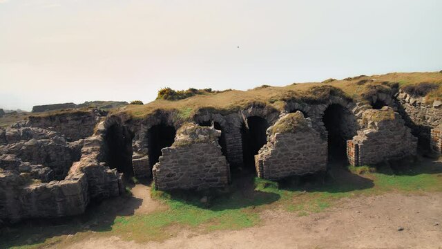 The Count House, Botallack Mine - Ruins of a castle in Cornwall in 4K. Crowns Engine Houses - ruins of an old ancient English abandoned building in 4k.