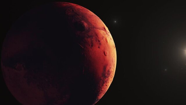 Planet mars rotating in space. Day and night on planet mars seen from outer space.