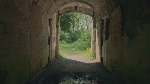 Walking out from the vault to the green forest. Bunker door, exit. 