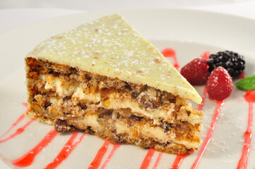 A peace of cake on white plate