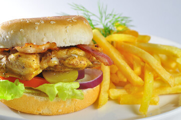 Fast food hamburger and french fries on white plate closeup