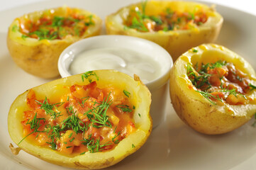 Stuffed potatoes with cheese and tomatoes closeup