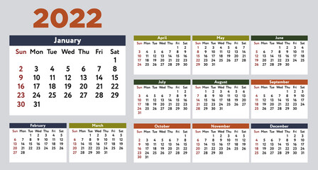 Annual wall calendar template for 2022 year Set of colorful 12 months pages isolated on light backdrop